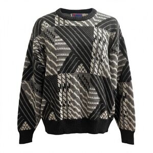 Vintage Sweater Graphix Geometric Pattern Knit Sweater Men XL Gray White 80s 90s
